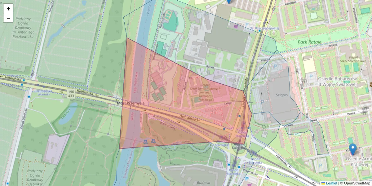 Szczegółowa mapa kodu pocztowego 61-168 z granicami, sąsiednimi kodami pocztowymi i urzędami pocztowymi