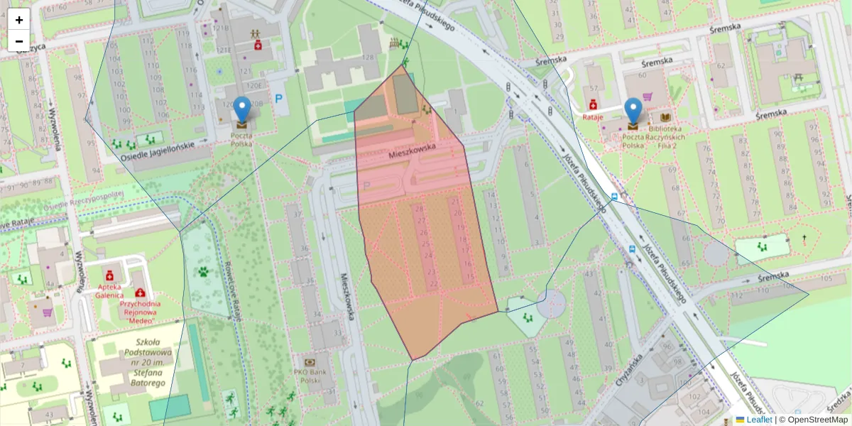 Szczegółowa mapa kodu pocztowego 61-214 z granicami, sąsiednimi kodami pocztowymi i urzędami pocztowymi