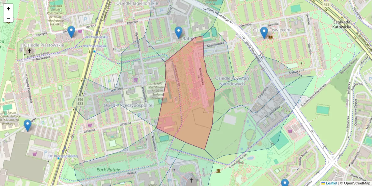 Szczegółowa mapa kodu pocztowego 61-215 z granicami, sąsiednimi kodami pocztowymi i urzędami pocztowymi