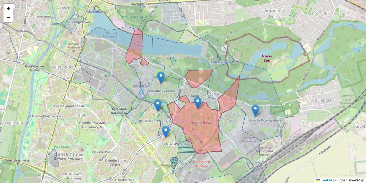 Szczegółowa mapa kodu pocztowego 61-245 z granicami, sąsiednimi kodami pocztowymi i urzędami pocztowymi