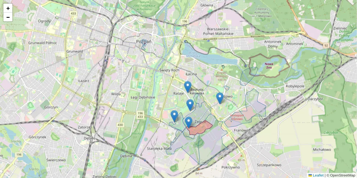 Szczegółowa mapa kodu pocztowego 61-251 z granicami, sąsiednimi kodami pocztowymi i urzędami pocztowymi