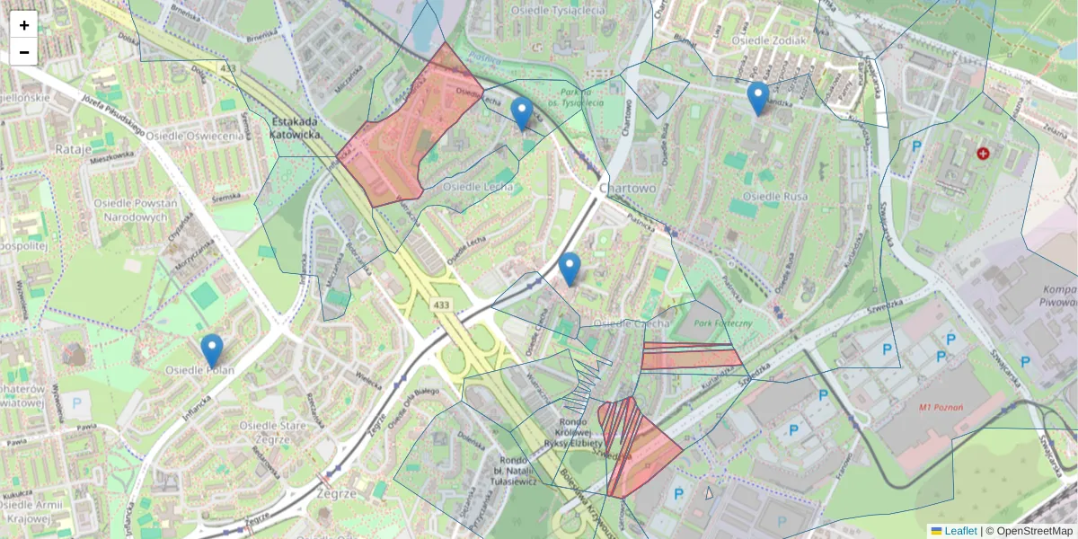 Szczegółowa mapa kodu pocztowego 61-293 z granicami, sąsiednimi kodami pocztowymi i urzędami pocztowymi