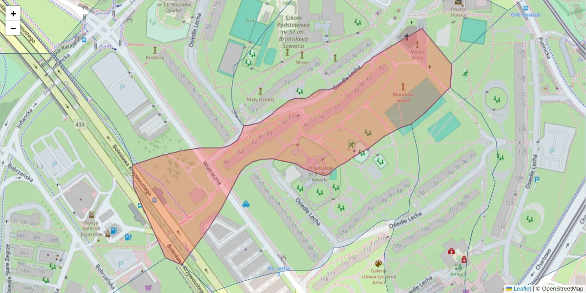 Szczegółowa mapa kodu pocztowego 61-295 z granicami, sąsiednimi kodami pocztowymi i urzędami pocztowymi