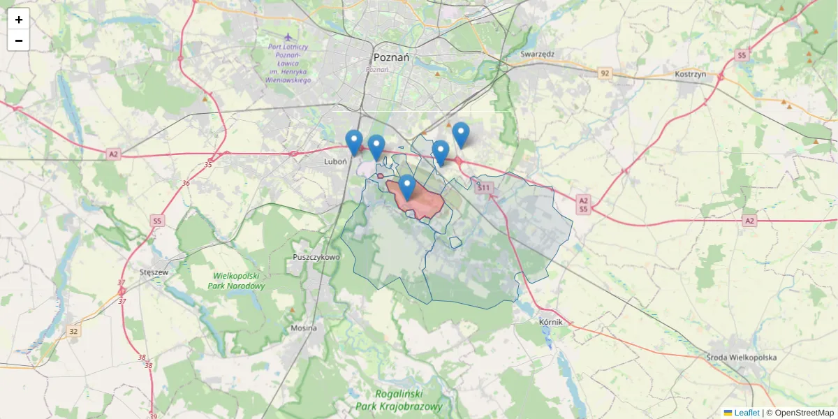 Szczegółowa mapa kodu pocztowego 61-329 z granicami, sąsiednimi kodami pocztowymi i urzędami pocztowymi