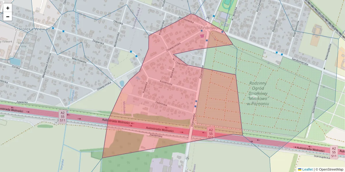 Szczegółowa mapa kodu pocztowego 61-337 z granicami, sąsiednimi kodami pocztowymi i urzędami pocztowymi