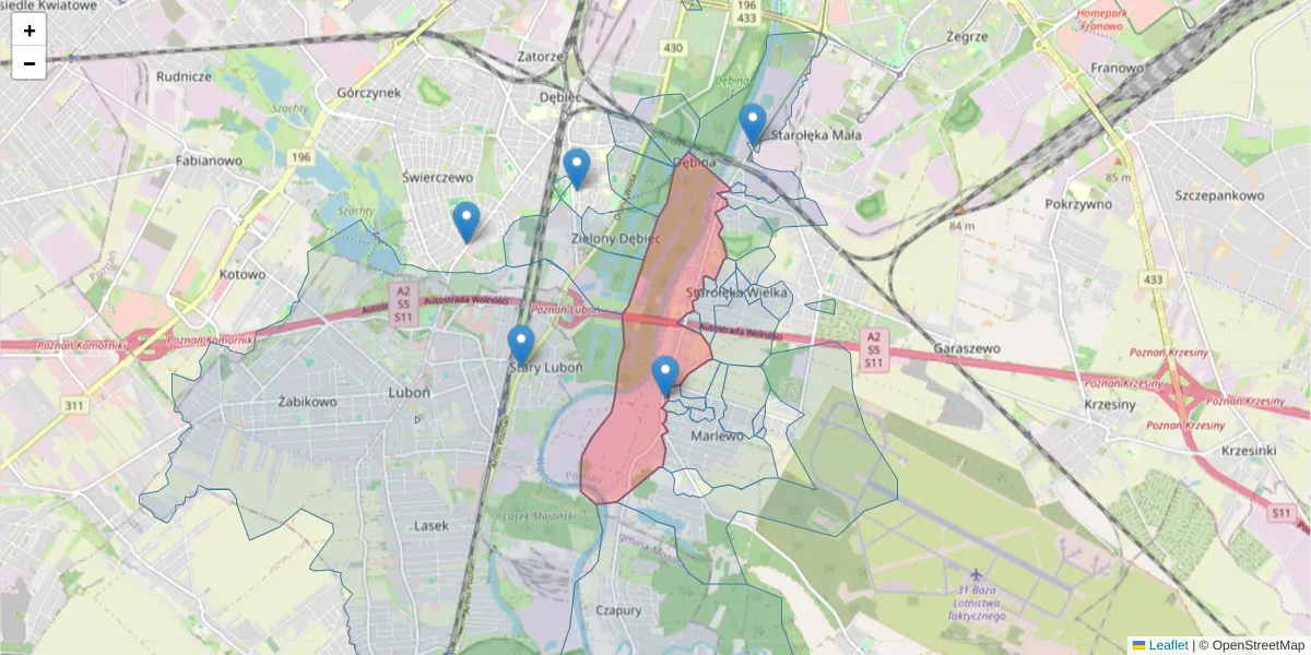 Szczegółowa mapa kodu pocztowego 61-341 z granicami, sąsiednimi kodami pocztowymi i urzędami pocztowymi