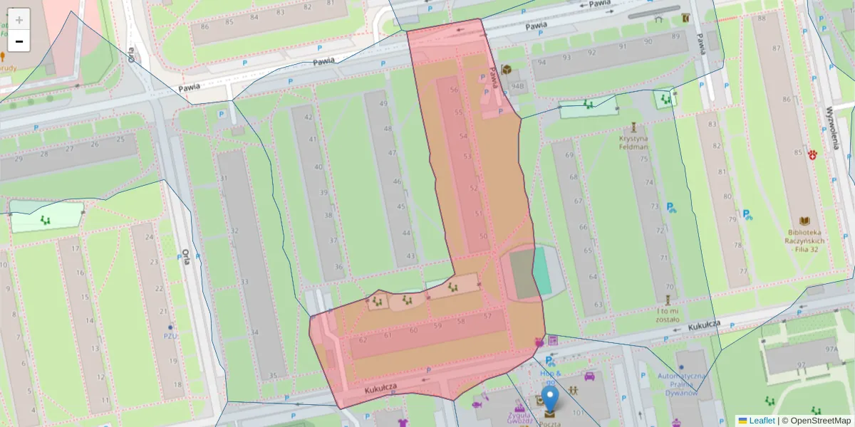 Szczegółowa mapa kodu pocztowego 61-377 z granicami, sąsiednimi kodami pocztowymi i urzędami pocztowymi