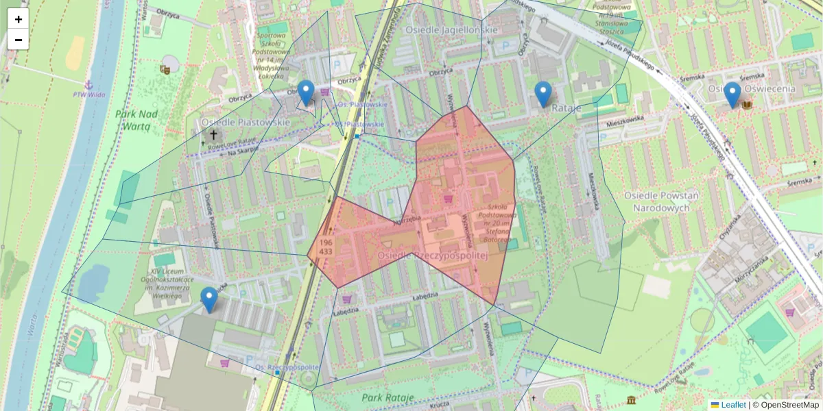 Szczegółowa mapa kodu pocztowego 61-397 z granicami, sąsiednimi kodami pocztowymi i urzędami pocztowymi