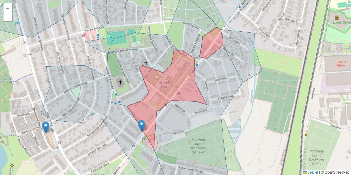 Szczegółowa mapa kodu pocztowego 61-405 z granicami, sąsiednimi kodami pocztowymi i urzędami pocztowymi