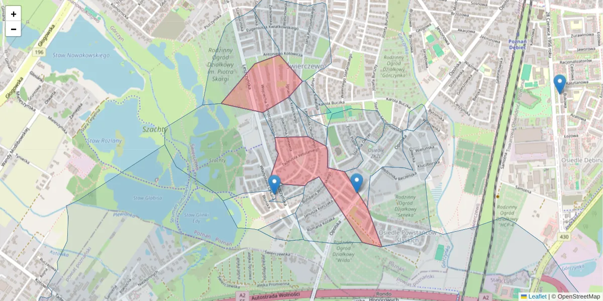 Szczegółowa mapa kodu pocztowego 61-409 z granicami, sąsiednimi kodami pocztowymi i urzędami pocztowymi