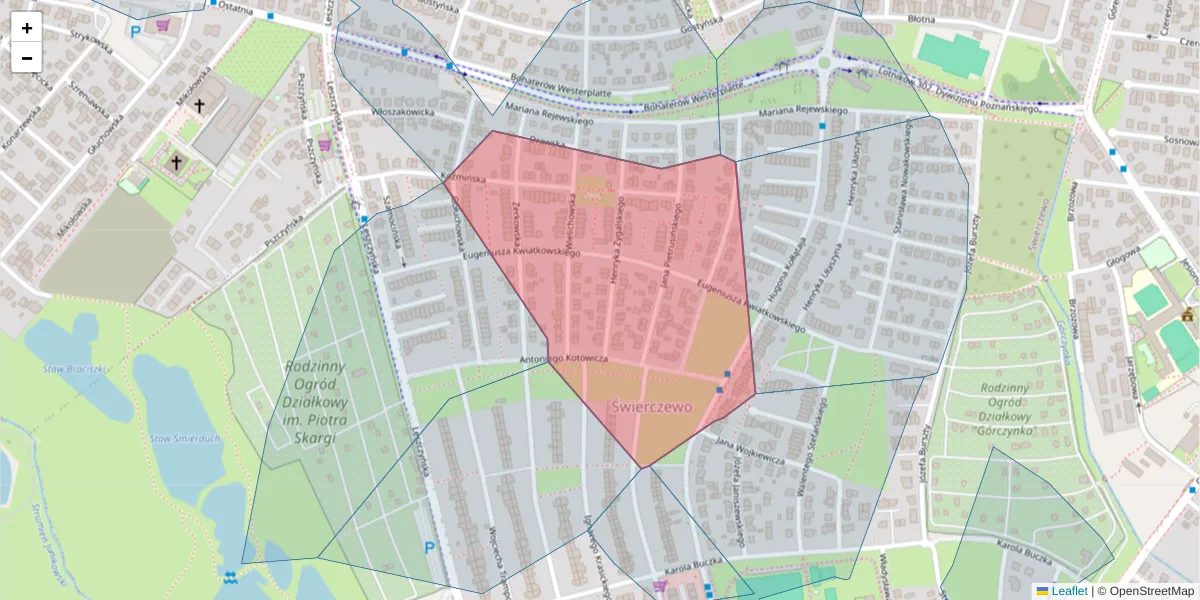 Szczegółowa mapa kodu pocztowego 61-418 z granicami, sąsiednimi kodami pocztowymi i urzędami pocztowymi