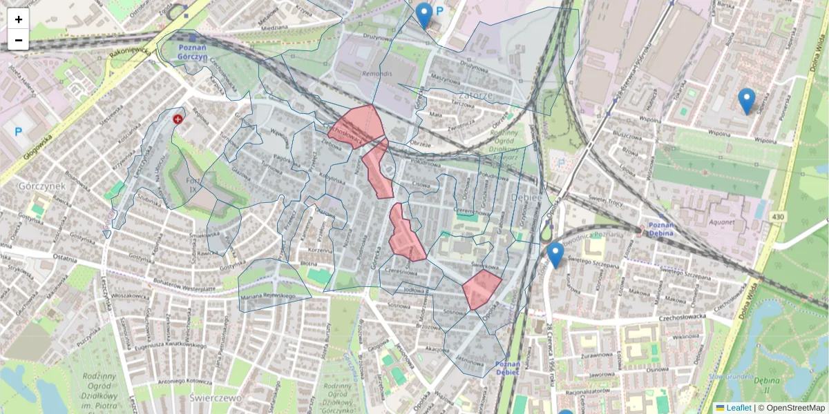 Szczegółowa mapa kodu pocztowego 61-425 z granicami, sąsiednimi kodami pocztowymi i urzędami pocztowymi