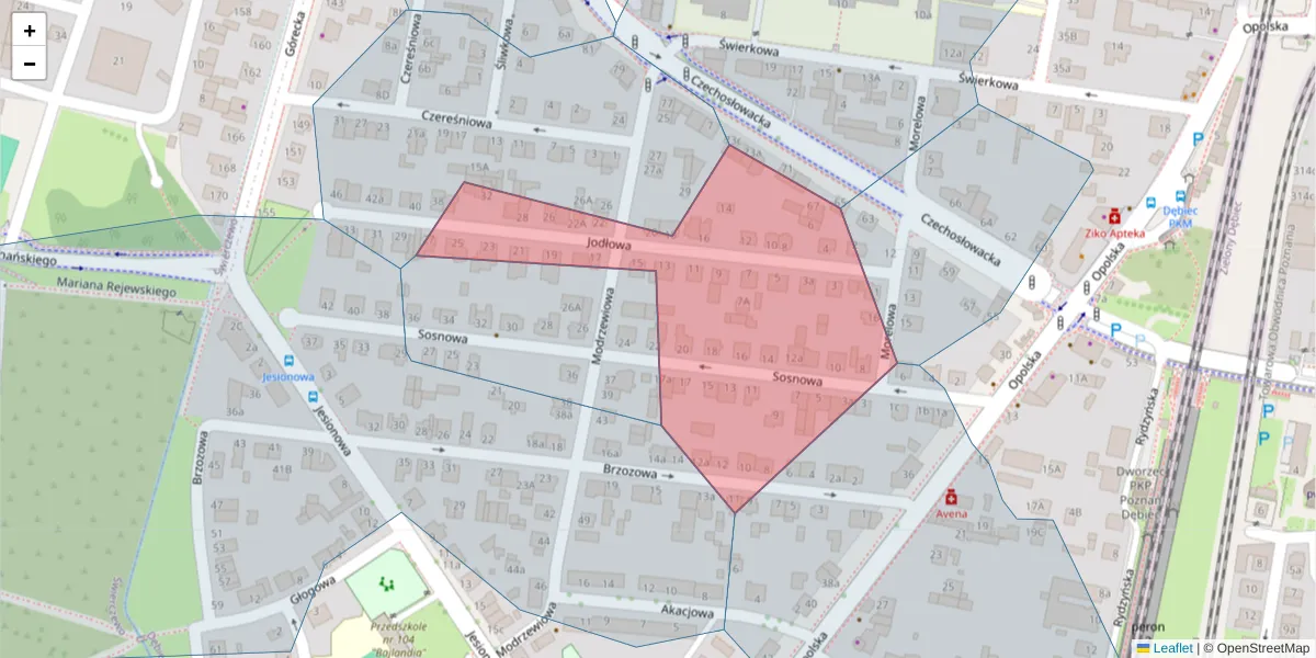 Szczegółowa mapa kodu pocztowego 61-427 z granicami, sąsiednimi kodami pocztowymi i urzędami pocztowymi