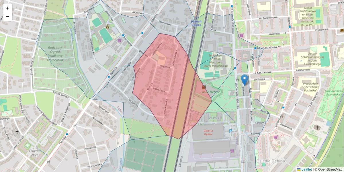 Szczegółowa mapa kodu pocztowego 61-435 z granicami, sąsiednimi kodami pocztowymi i urzędami pocztowymi