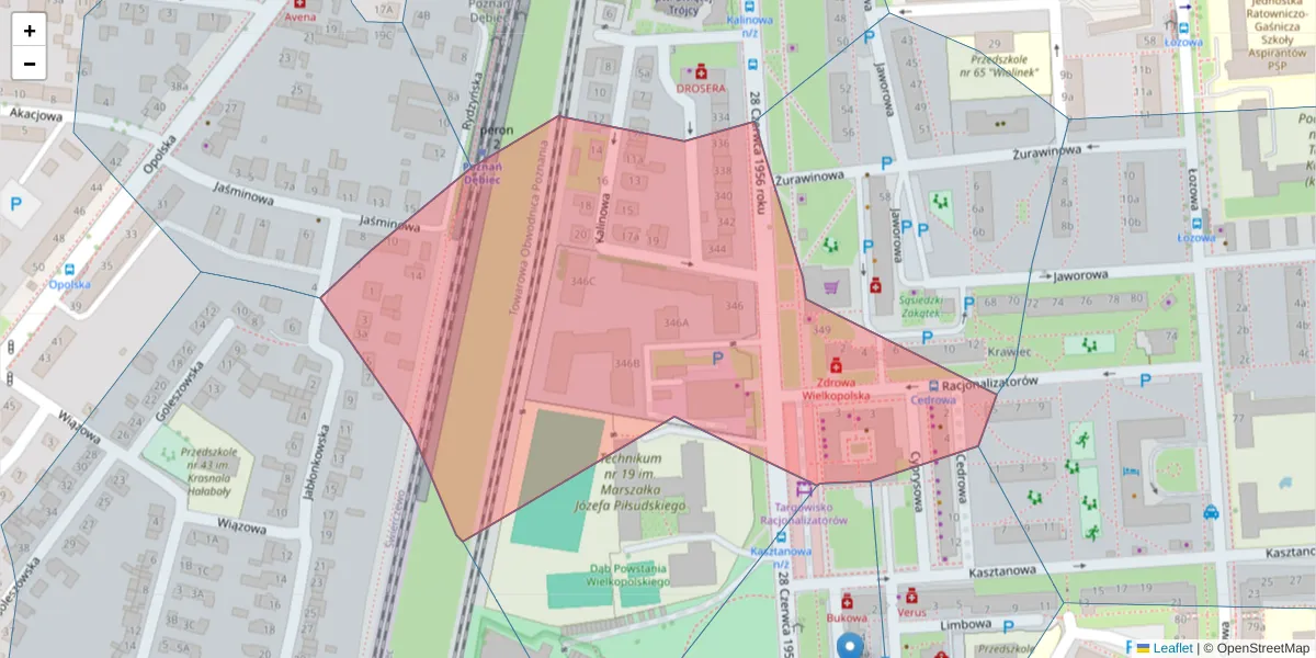 Szczegółowa mapa kodu pocztowego 61-437 z granicami, sąsiednimi kodami pocztowymi i urzędami pocztowymi