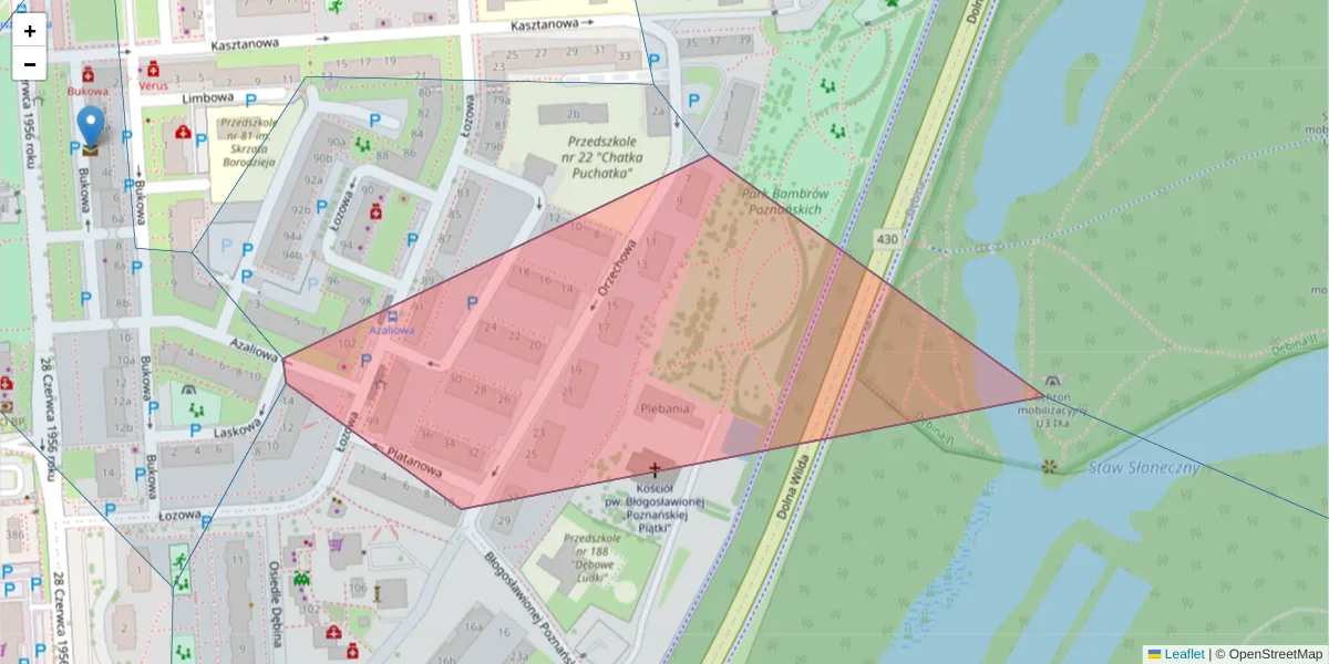 Szczegółowa mapa kodu pocztowego 61-447 z granicami, sąsiednimi kodami pocztowymi i urzędami pocztowymi