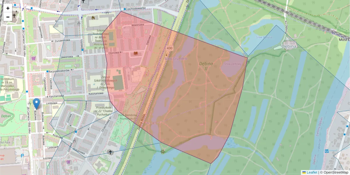 Szczegółowa mapa kodu pocztowego 61-451 z granicami, sąsiednimi kodami pocztowymi i urzędami pocztowymi