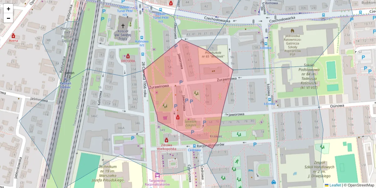 Szczegółowa mapa kodu pocztowego 61-454 z granicami, sąsiednimi kodami pocztowymi i urzędami pocztowymi
