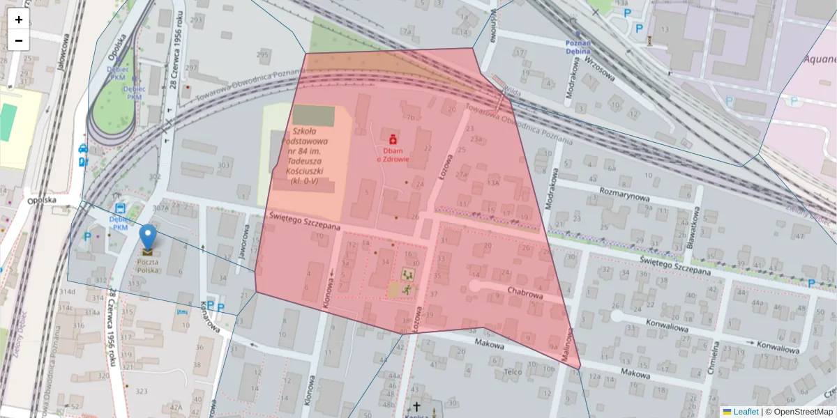 Szczegółowa mapa kodu pocztowego 61-465 z granicami, sąsiednimi kodami pocztowymi i urzędami pocztowymi