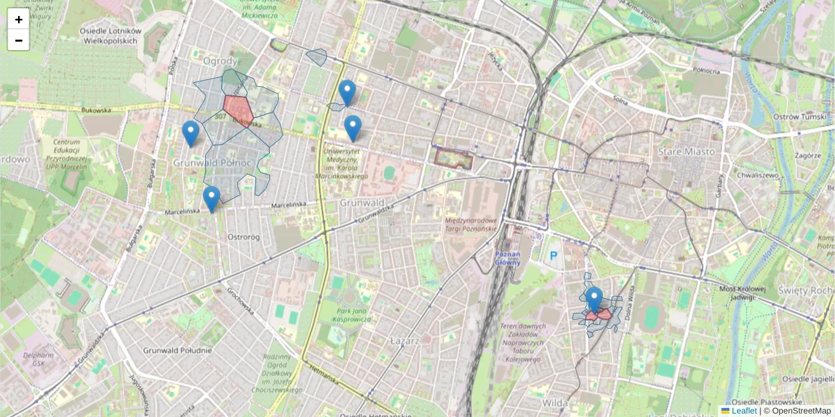 Szczegółowa mapa kodu pocztowego 61-572 z granicami, sąsiednimi kodami pocztowymi i urzędami pocztowymi