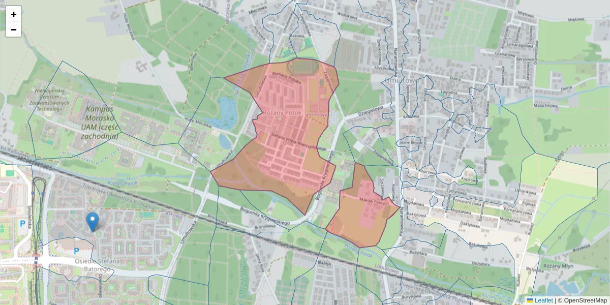 Szczegółowa mapa kodu pocztowego 61-606 z granicami, sąsiednimi kodami pocztowymi i urzędami pocztowymi