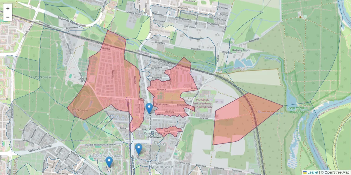 Szczegółowa mapa kodu pocztowego 61-608 z granicami, sąsiednimi kodami pocztowymi i urzędami pocztowymi