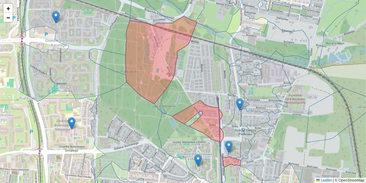 Szczegółowa mapa kodu pocztowego 61-609 z granicami, sąsiednimi kodami pocztowymi i urzędami pocztowymi