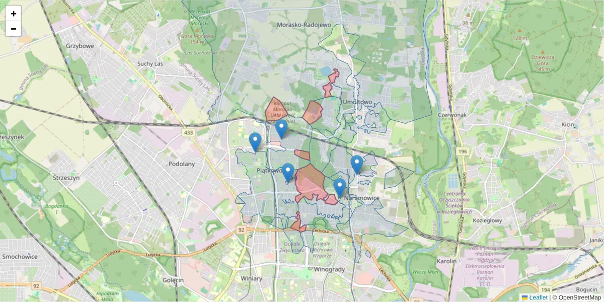 Szczegółowa mapa kodu pocztowego 61-614 z granicami, sąsiednimi kodami pocztowymi i urzędami pocztowymi