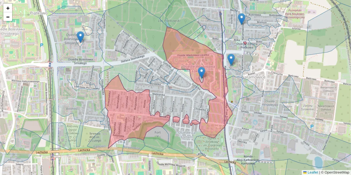Szczegółowa mapa kodu pocztowego 61-616 z granicami, sąsiednimi kodami pocztowymi i urzędami pocztowymi