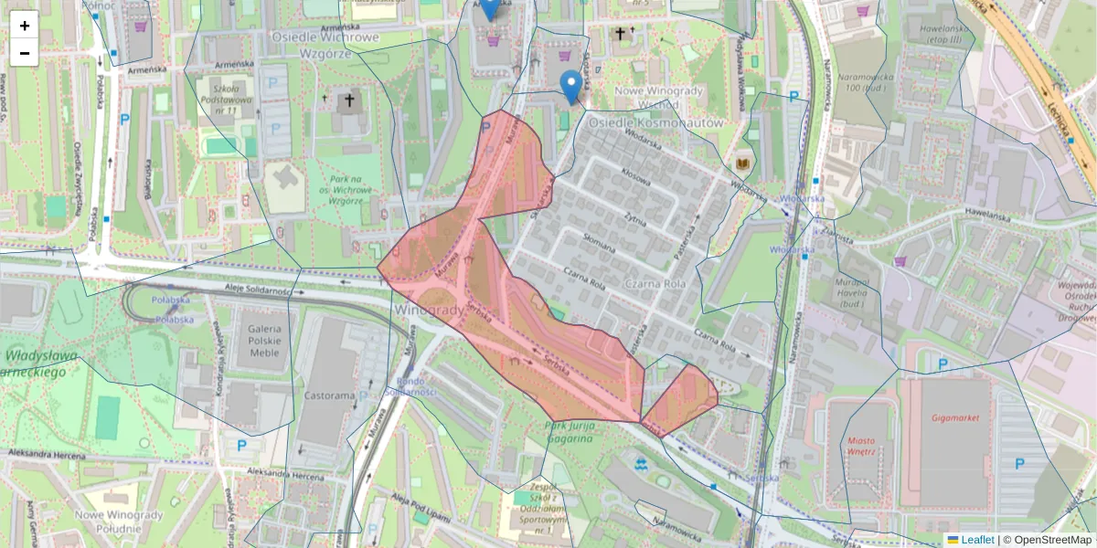 Szczegółowa mapa kodu pocztowego 61-624 z granicami, sąsiednimi kodami pocztowymi i urzędami pocztowymi
