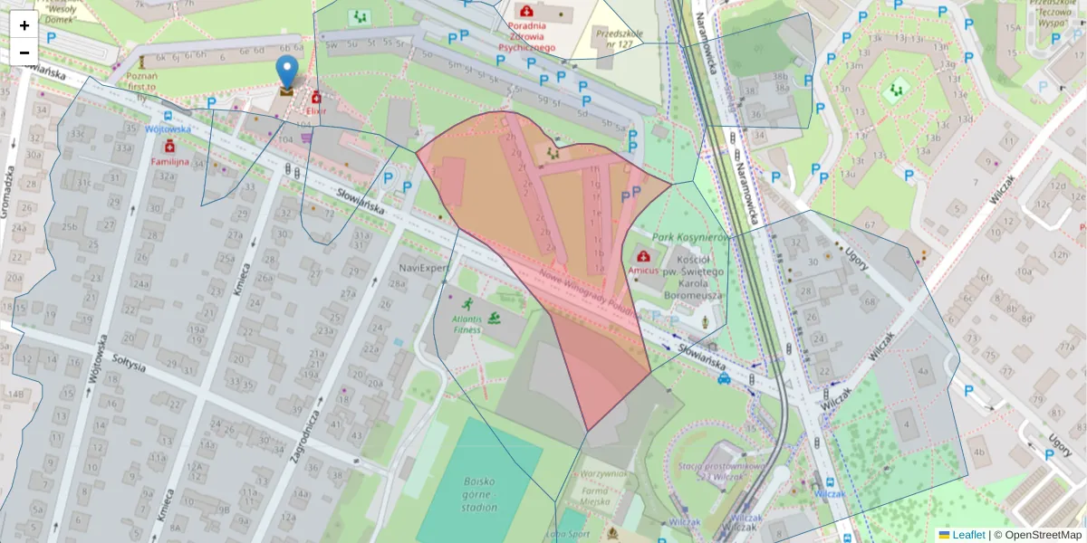 Szczegółowa mapa kodu pocztowego 61-628 z granicami, sąsiednimi kodami pocztowymi i urzędami pocztowymi
