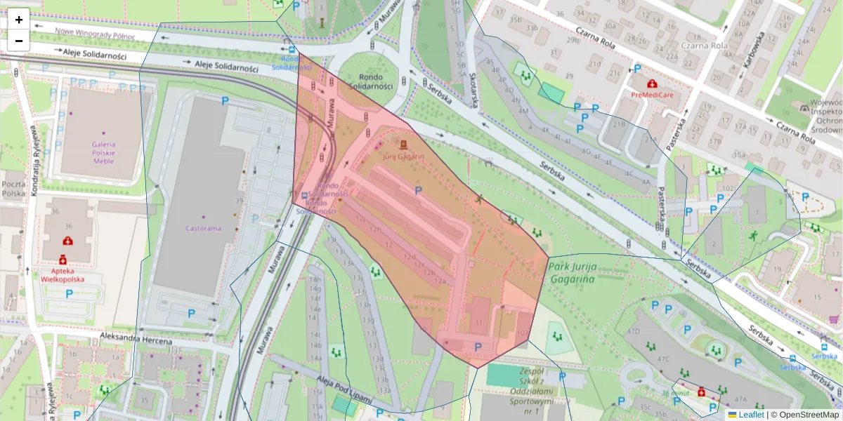 Szczegółowa mapa kodu pocztowego 61-636 z granicami, sąsiednimi kodami pocztowymi i urzędami pocztowymi