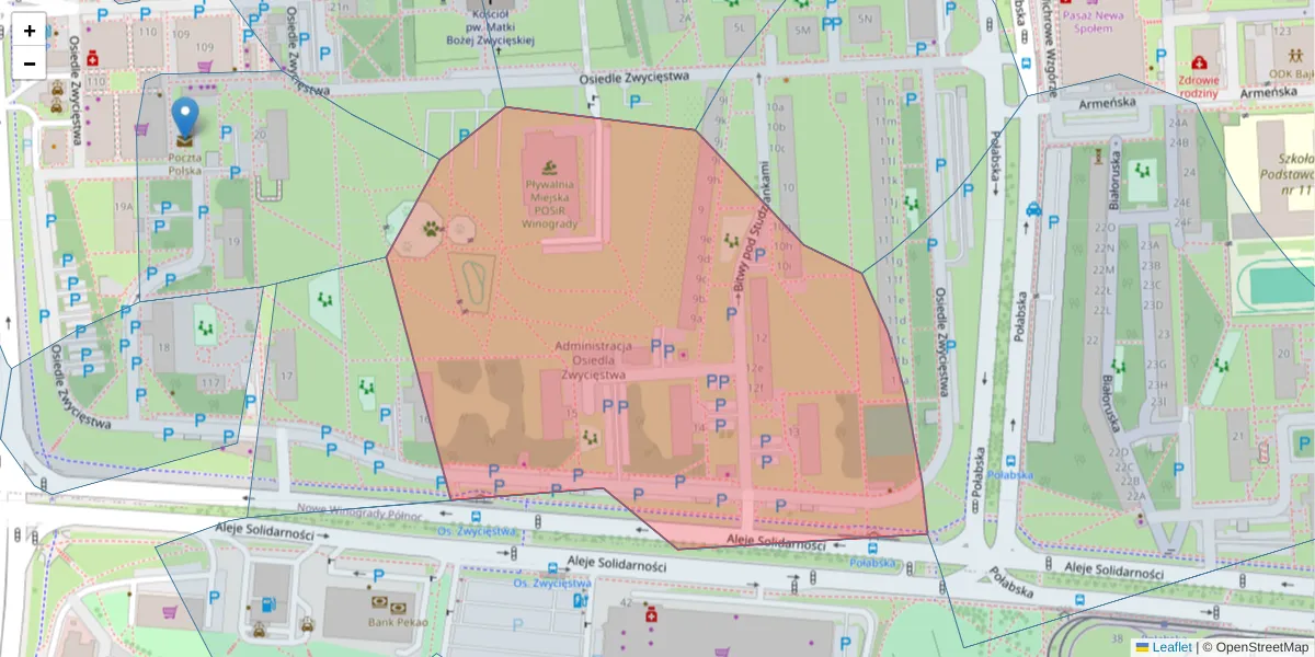 Szczegółowa mapa kodu pocztowego 61-647 z granicami, sąsiednimi kodami pocztowymi i urzędami pocztowymi
