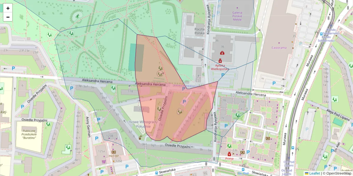 Szczegółowa mapa kodu pocztowego 61-679 z granicami, sąsiednimi kodami pocztowymi i urzędami pocztowymi