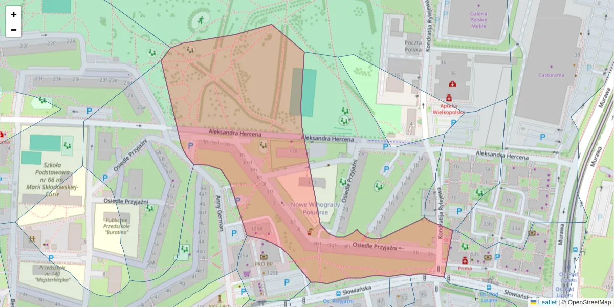 Szczegółowa mapa kodu pocztowego 61-681 z granicami, sąsiednimi kodami pocztowymi i urzędami pocztowymi