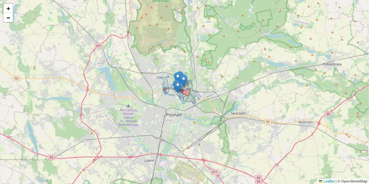 Szczegółowa mapa kodu pocztowego 61-695 z granicami, sąsiednimi kodami pocztowymi i urzędami pocztowymi