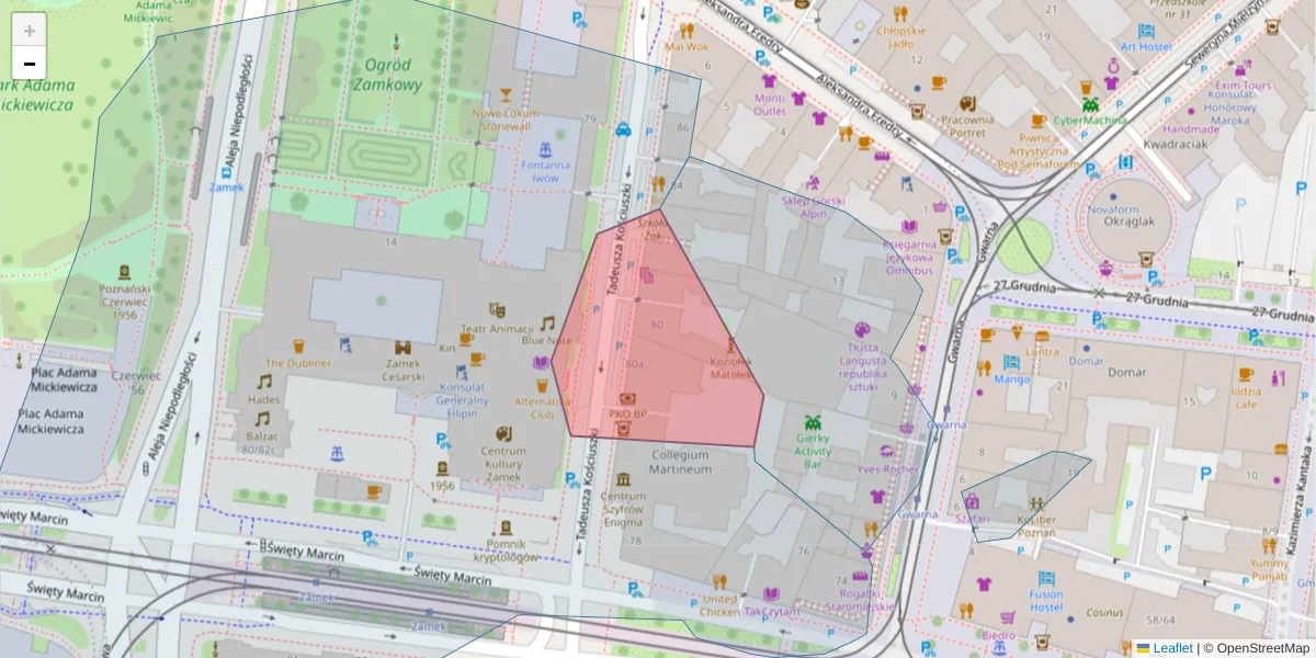 Szczegółowa mapa kodu pocztowego 61-715 z granicami, sąsiednimi kodami pocztowymi i urzędami pocztowymi