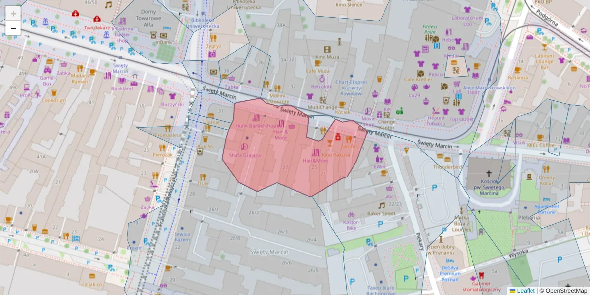 Szczegółowa mapa kodu pocztowego 61-804 z granicami, sąsiednimi kodami pocztowymi i urzędami pocztowymi