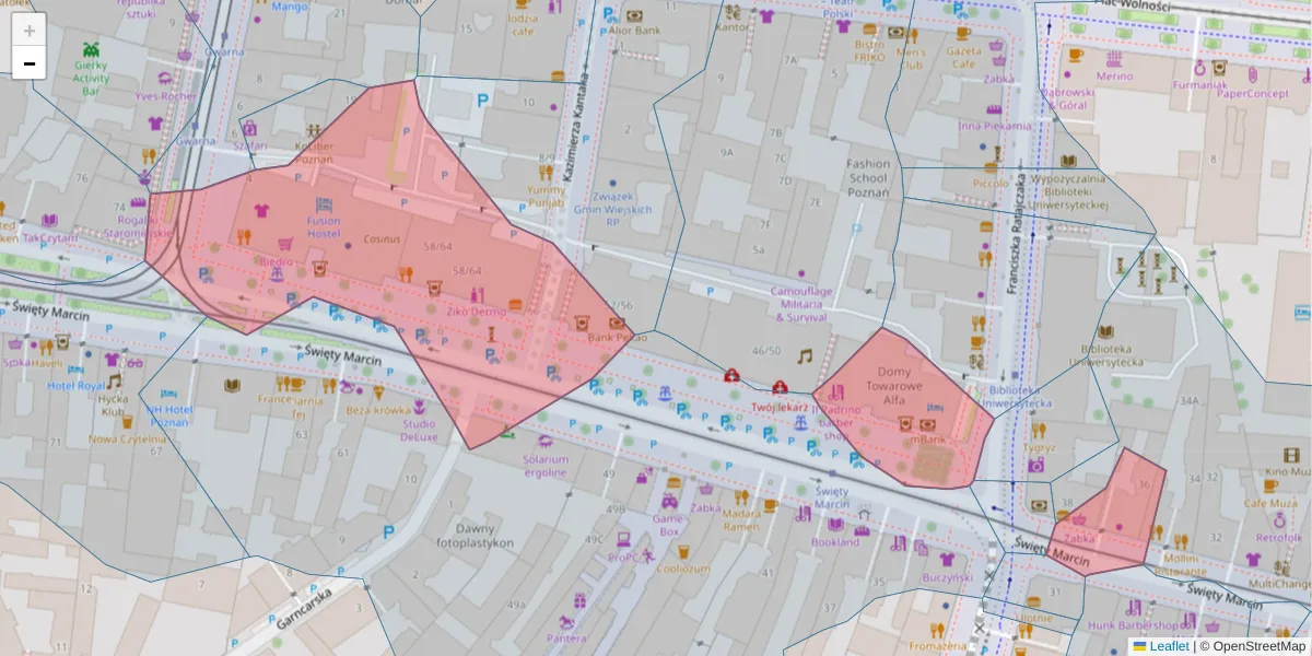 Szczegółowa mapa kodu pocztowego 61-807 z granicami, sąsiednimi kodami pocztowymi i urzędami pocztowymi