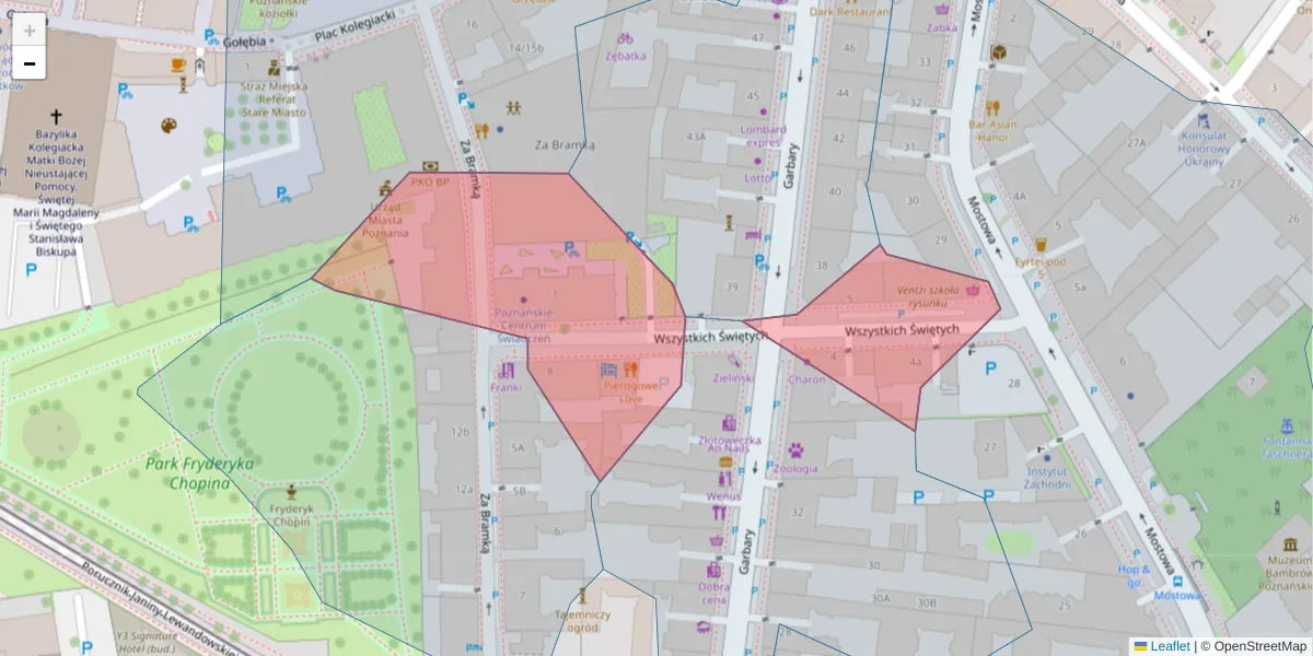 Szczegółowa mapa kodu pocztowego 61-843 z granicami, sąsiednimi kodami pocztowymi i urzędami pocztowymi