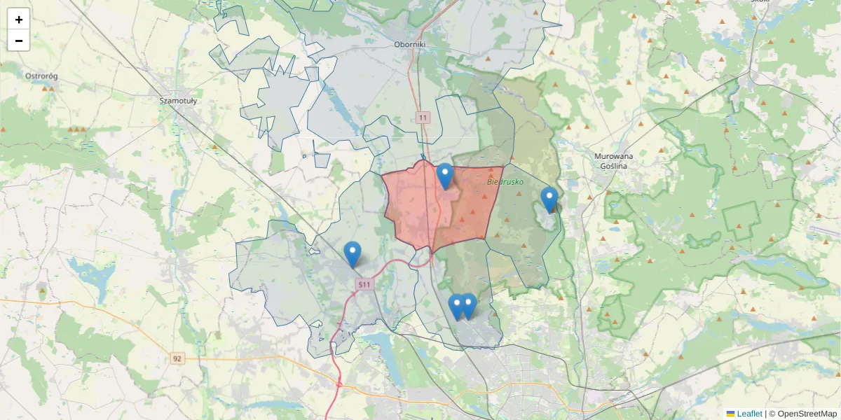 Szczegółowa mapa kodu pocztowego 62-001 z granicami, sąsiednimi kodami pocztowymi i urzędami pocztowymi