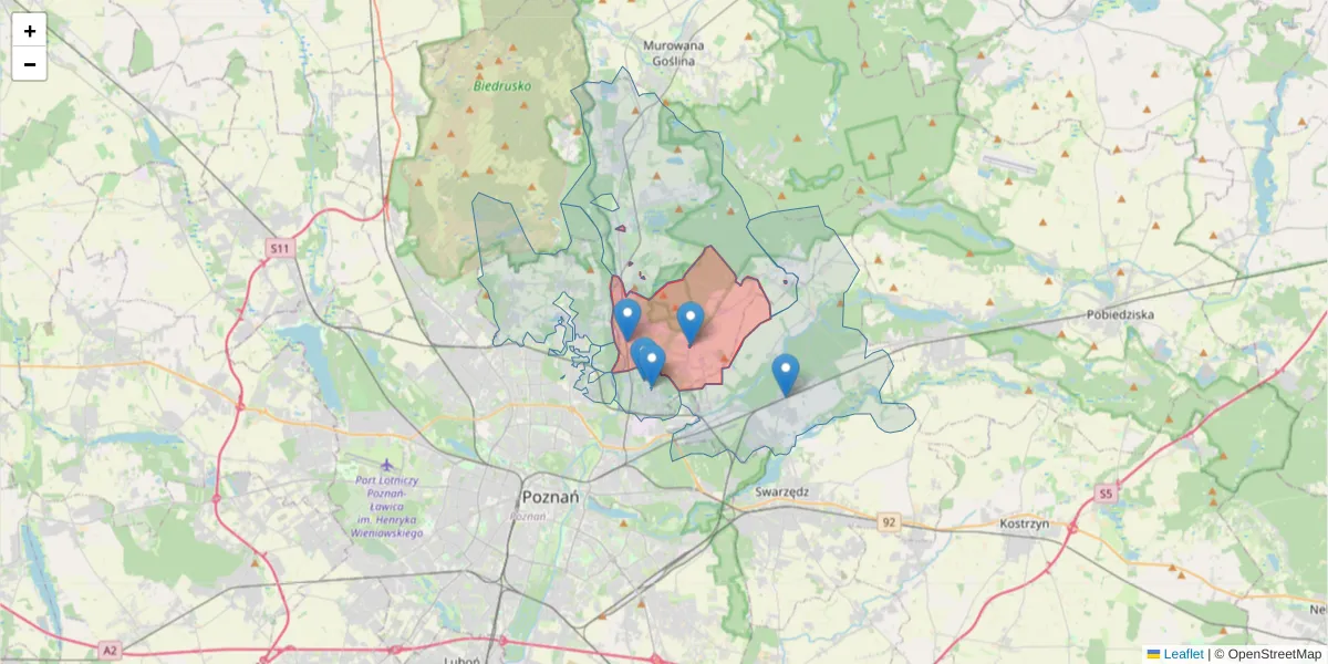 Szczegółowa mapa kodu pocztowego 62-004 z granicami, sąsiednimi kodami pocztowymi i urzędami pocztowymi