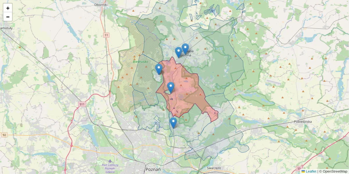 Szczegółowa mapa kodu pocztowego 62-005 z granicami, sąsiednimi kodami pocztowymi i urzędami pocztowymi