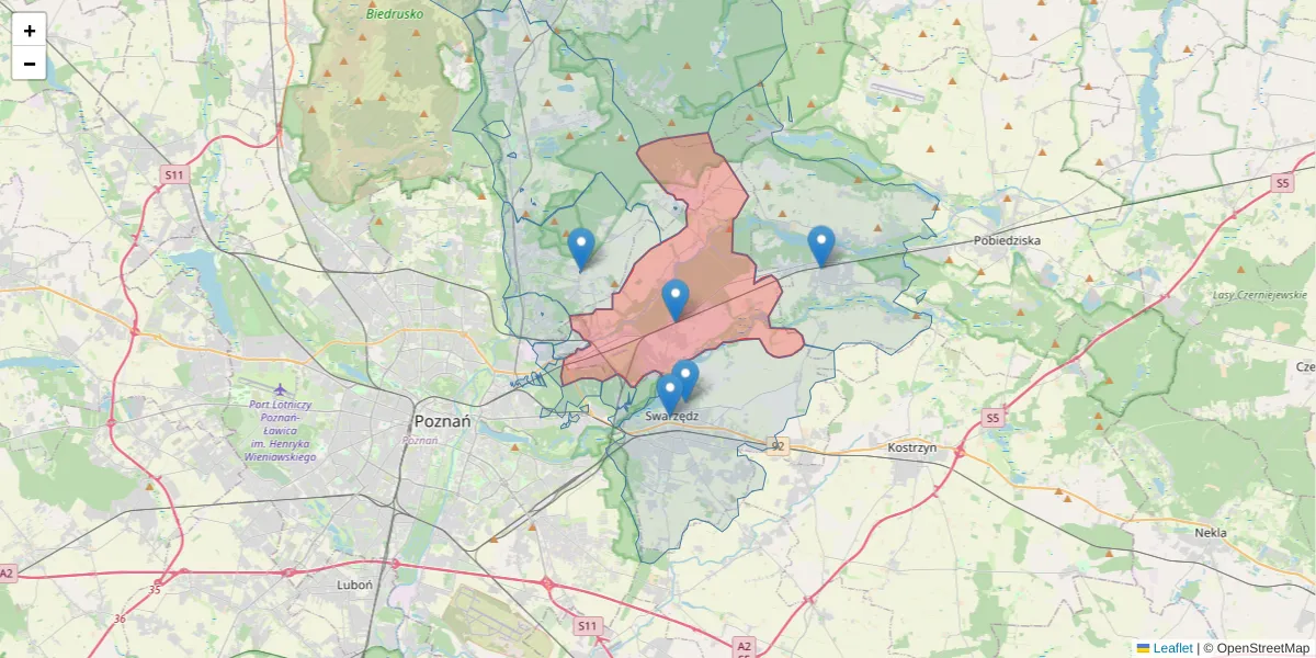 Szczegółowa mapa kodu pocztowego 62-006 z granicami, sąsiednimi kodami pocztowymi i urzędami pocztowymi