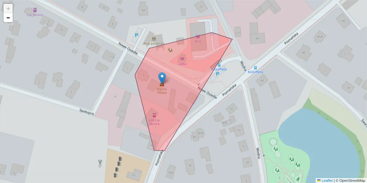 Szczegółowa mapa kodu pocztowego 62-008 z granicami, sąsiednimi kodami pocztowymi i urzędami pocztowymi
