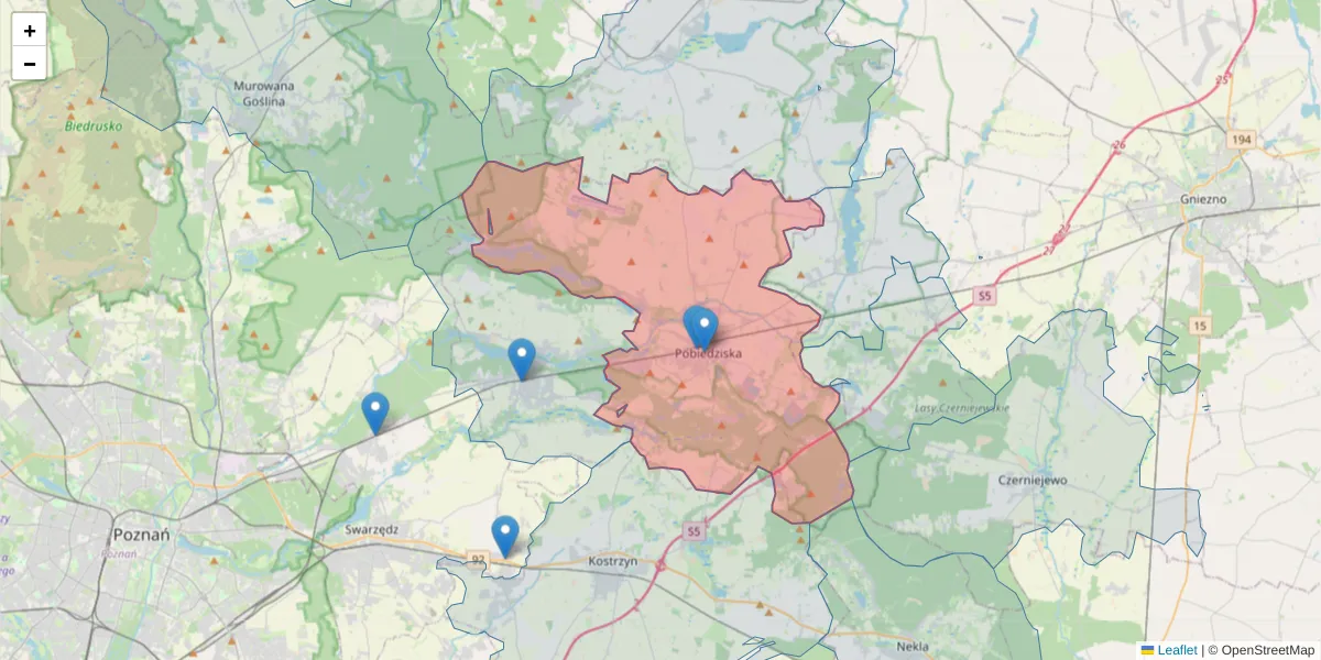 Szczegółowa mapa kodu pocztowego 62-010 z granicami, sąsiednimi kodami pocztowymi i urzędami pocztowymi