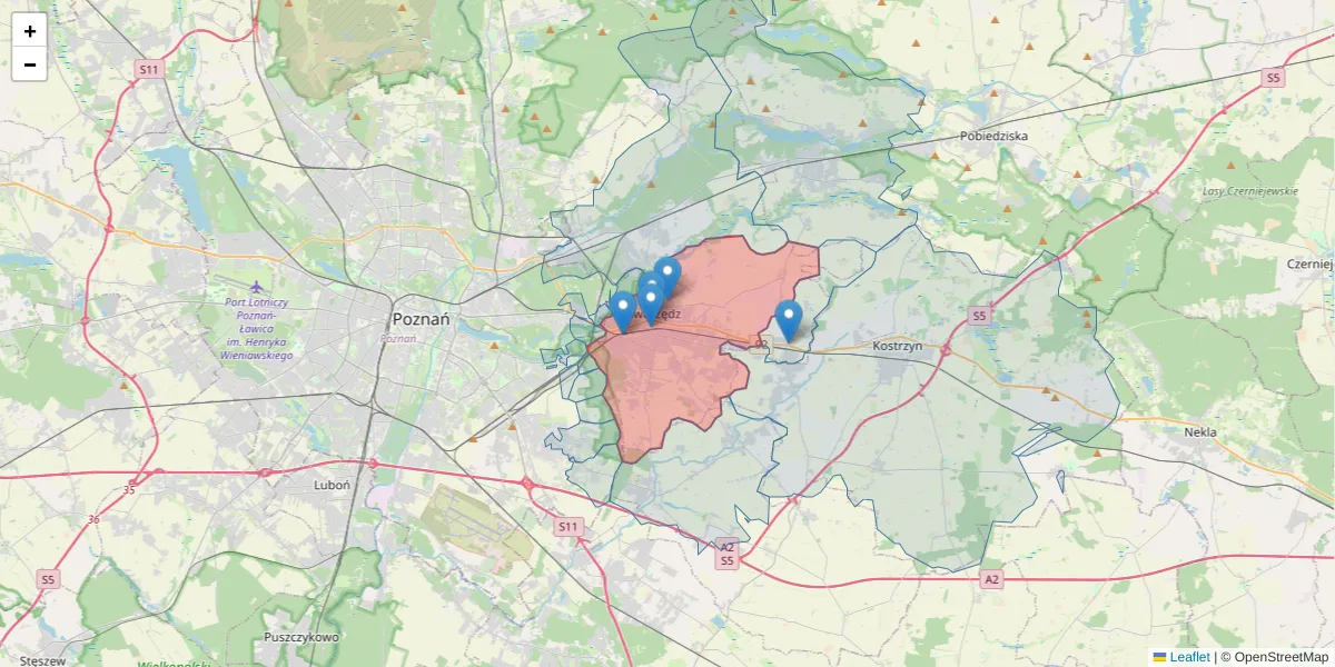 Szczegółowa mapa kodu pocztowego 62-020 z granicami, sąsiednimi kodami pocztowymi i urzędami pocztowymi