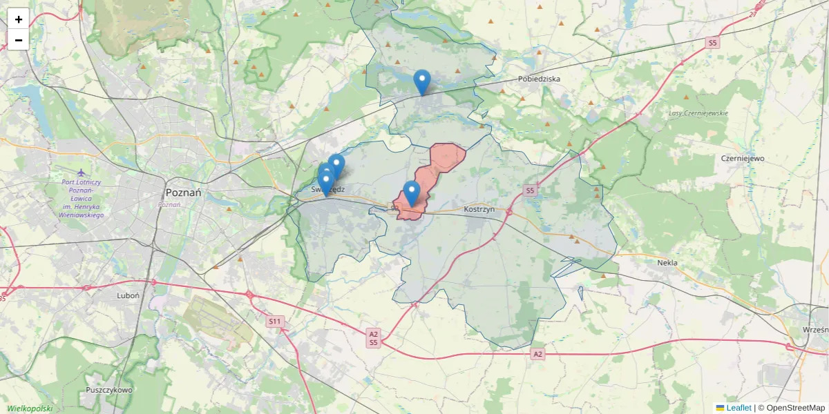 Szczegółowa mapa kodu pocztowego 62-021 z granicami, sąsiednimi kodami pocztowymi i urzędami pocztowymi