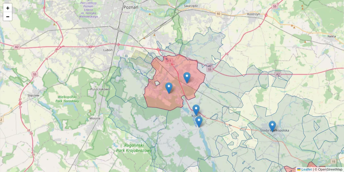 Szczegółowa mapa kodu pocztowego 62-023 z granicami, sąsiednimi kodami pocztowymi i urzędami pocztowymi