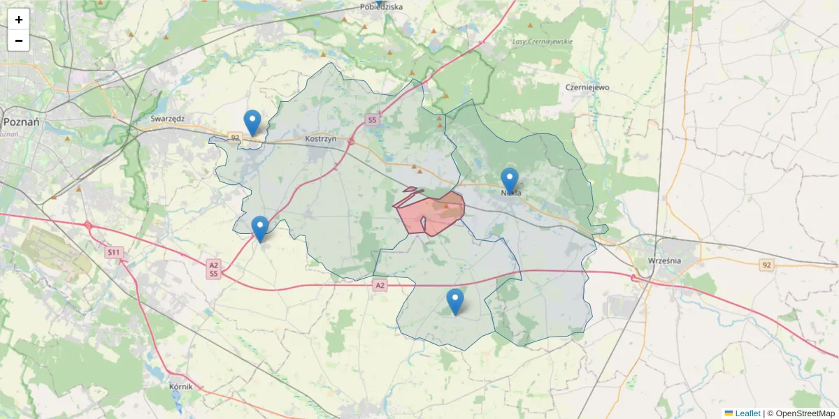 Szczegółowa mapa kodu pocztowego 62-024 z granicami, sąsiednimi kodami pocztowymi i urzędami pocztowymi